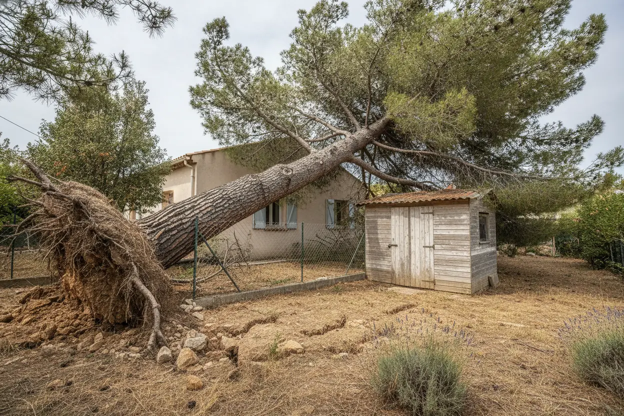 Pin fragilisé démonté au-dessus d'une clôture, avant l’intervention à Hyères