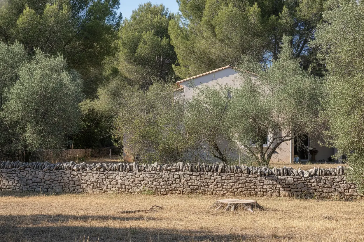 Arbre mort abattu en limite de propriété, après l’intervention à Hyères