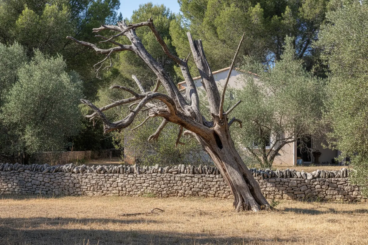 Arbre mort abattu en limite de propriété, avant l’intervention à Hyères