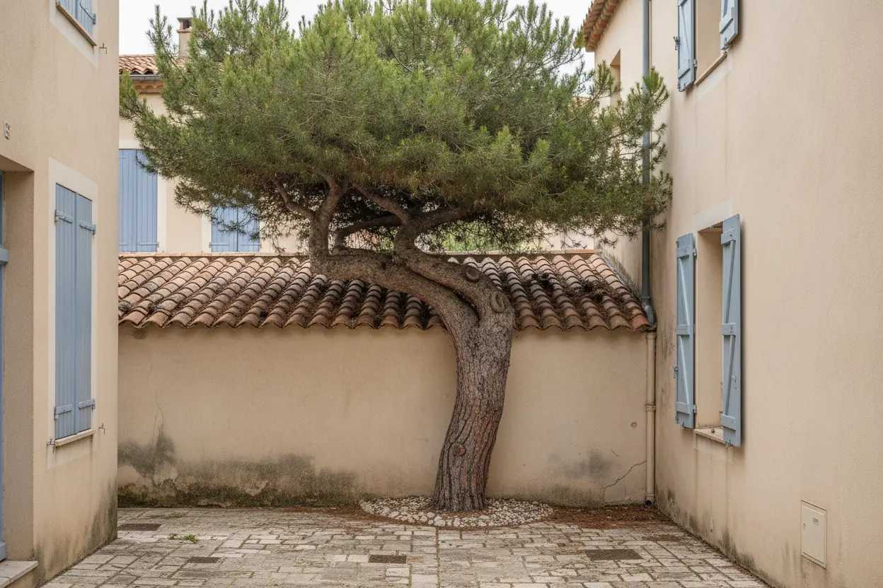 Abattage maîtrisé d'un pin dans un jardin resserré, avant l’intervention à Hyères