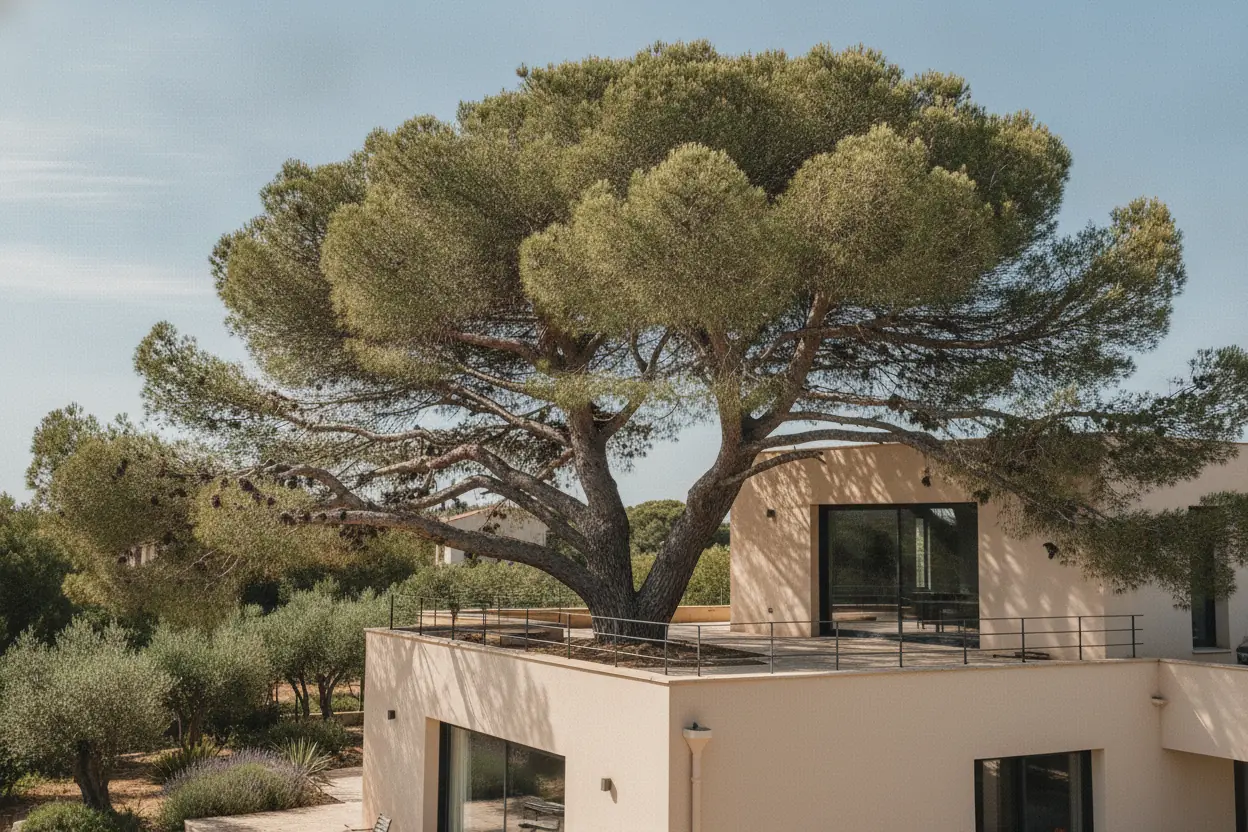Éclaircie d'un grand pin d'Alep au-dessus d'une terrasse, après l’intervention à Hyères