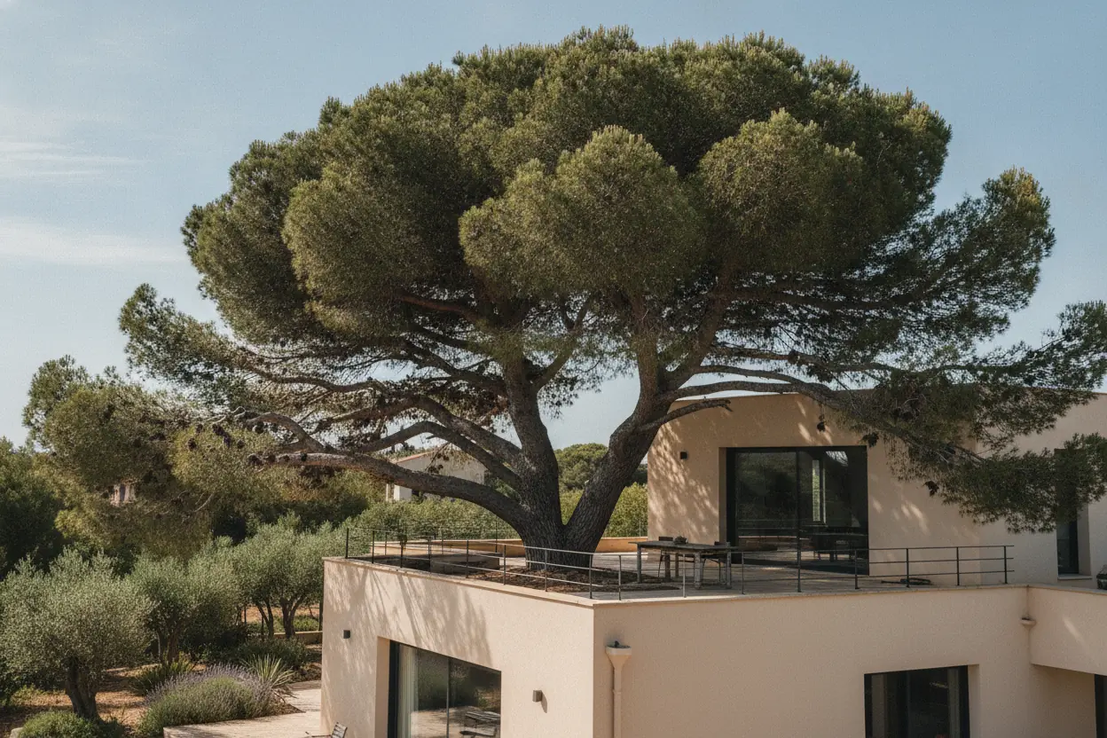Éclaircie d'un grand pin d'Alep au-dessus d'une terrasse, avant l’intervention à Hyères