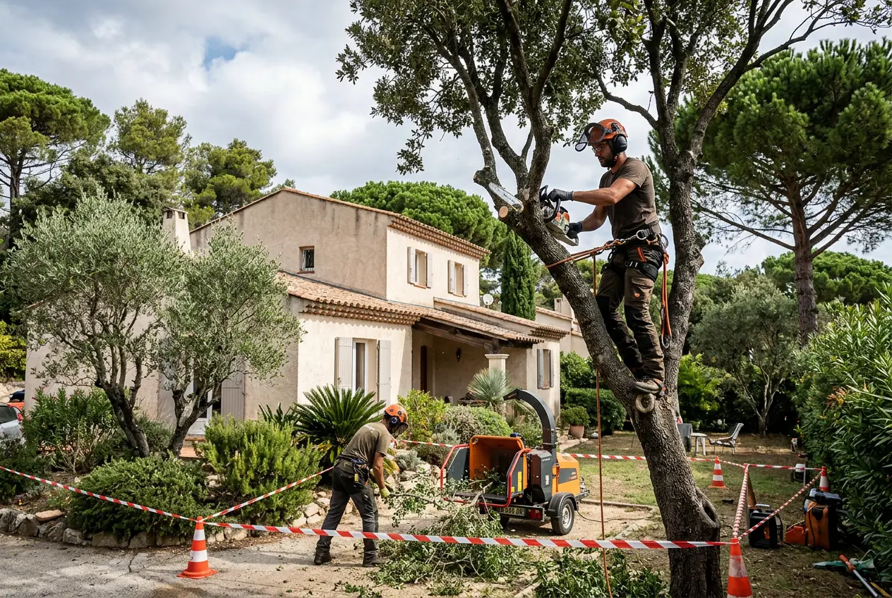Élagueur taillant un platane dans un jardin hyérois