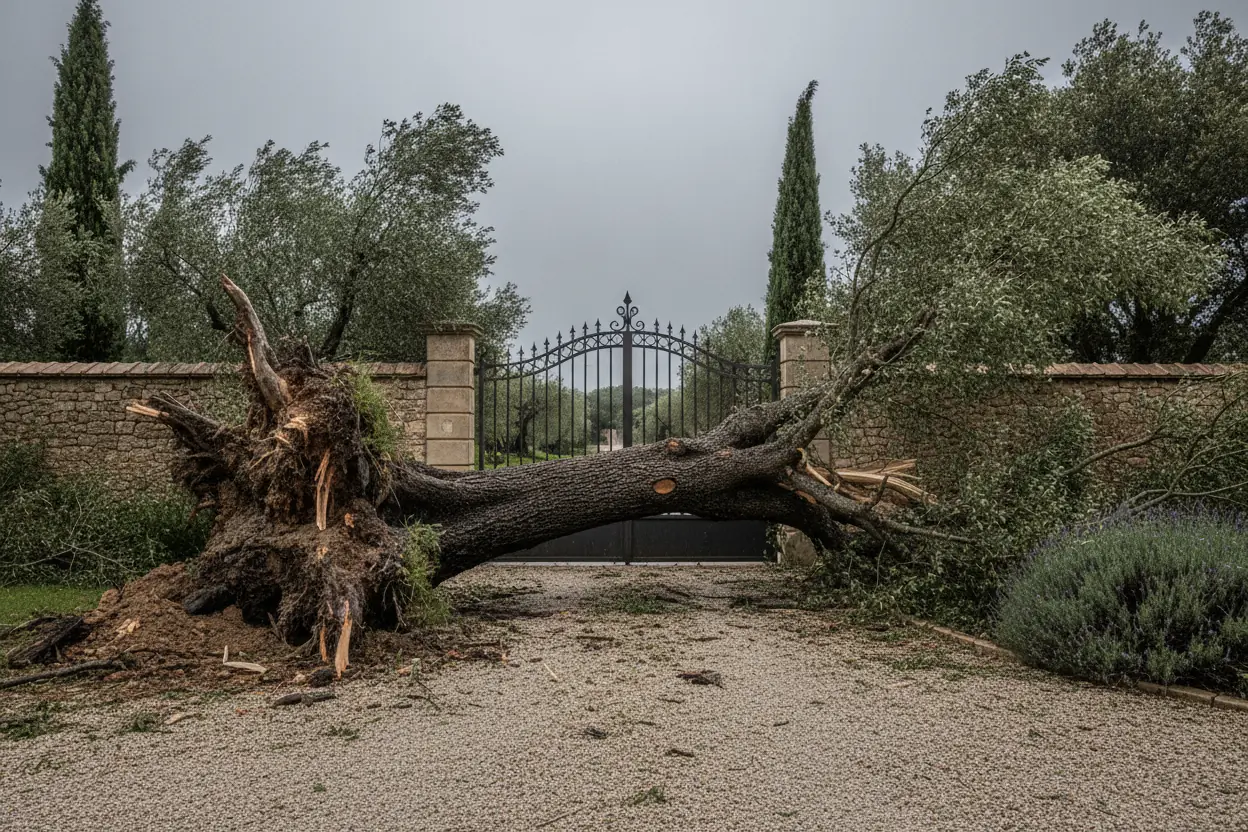 Accès dégagé après la chute d'un arbre, avant l’intervention à Hyères