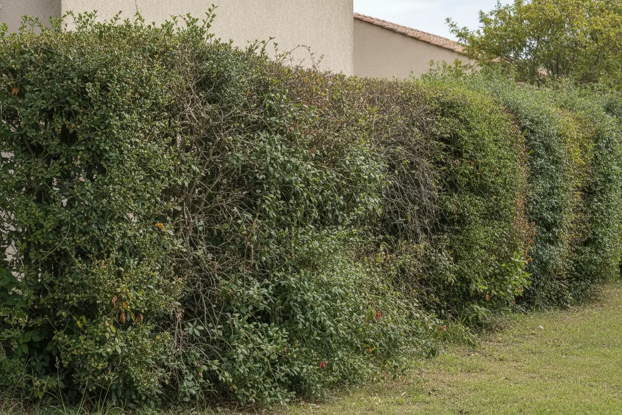 Haie mitoyenne taillée au carré en limite de propriété, avant l’intervention à Hyères